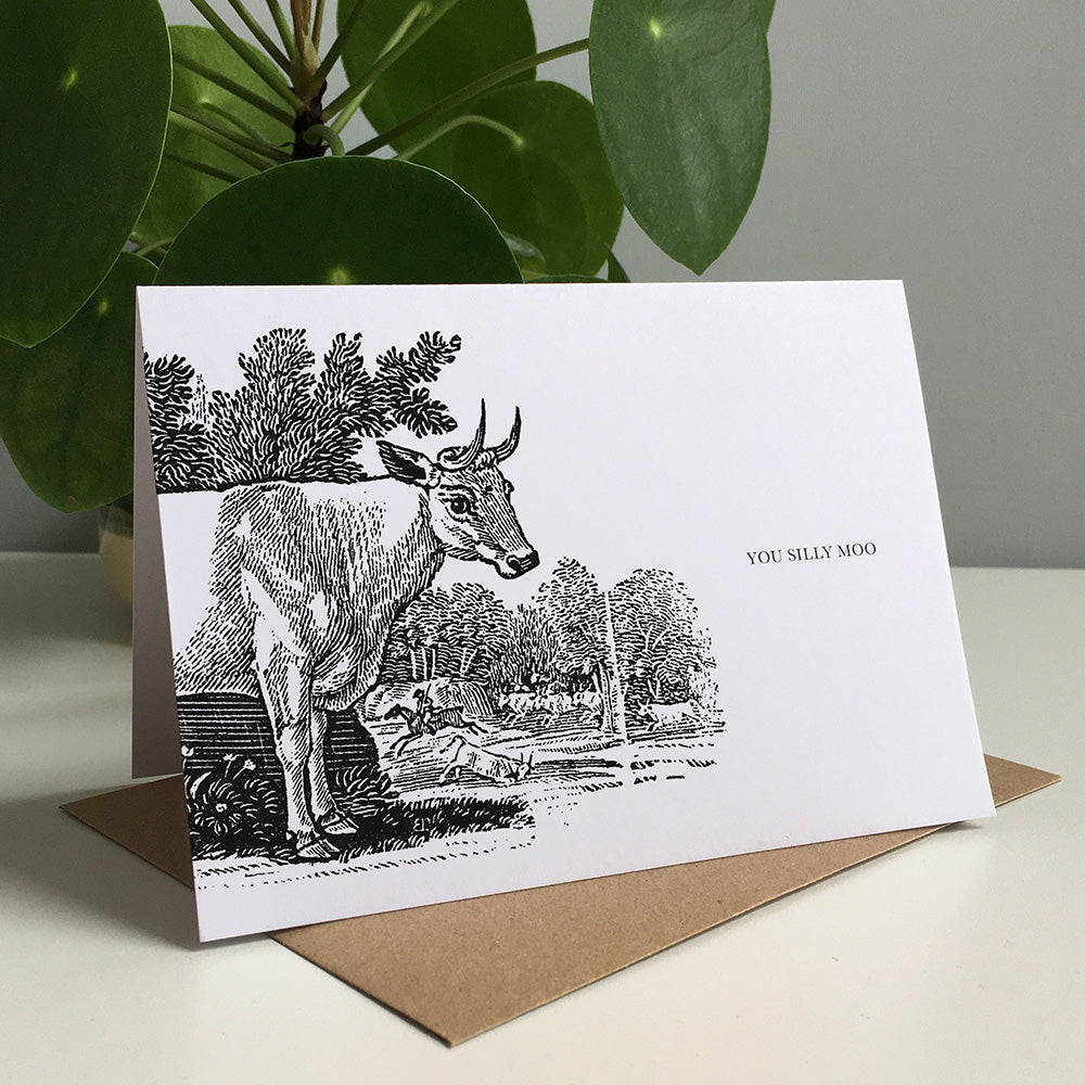 Cow Animal Woodblock Greeting Card by Dig The Earth