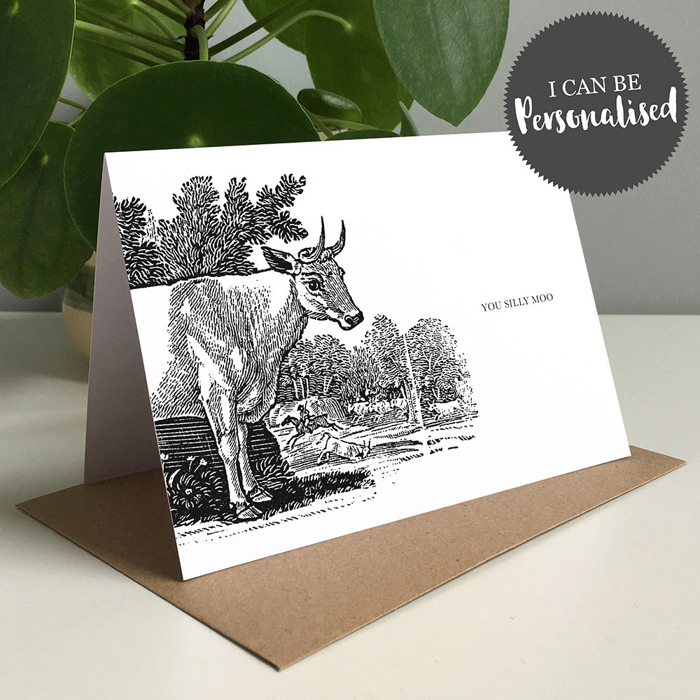 Cow Animal Woodblock Greeting Card by Dig The Earth