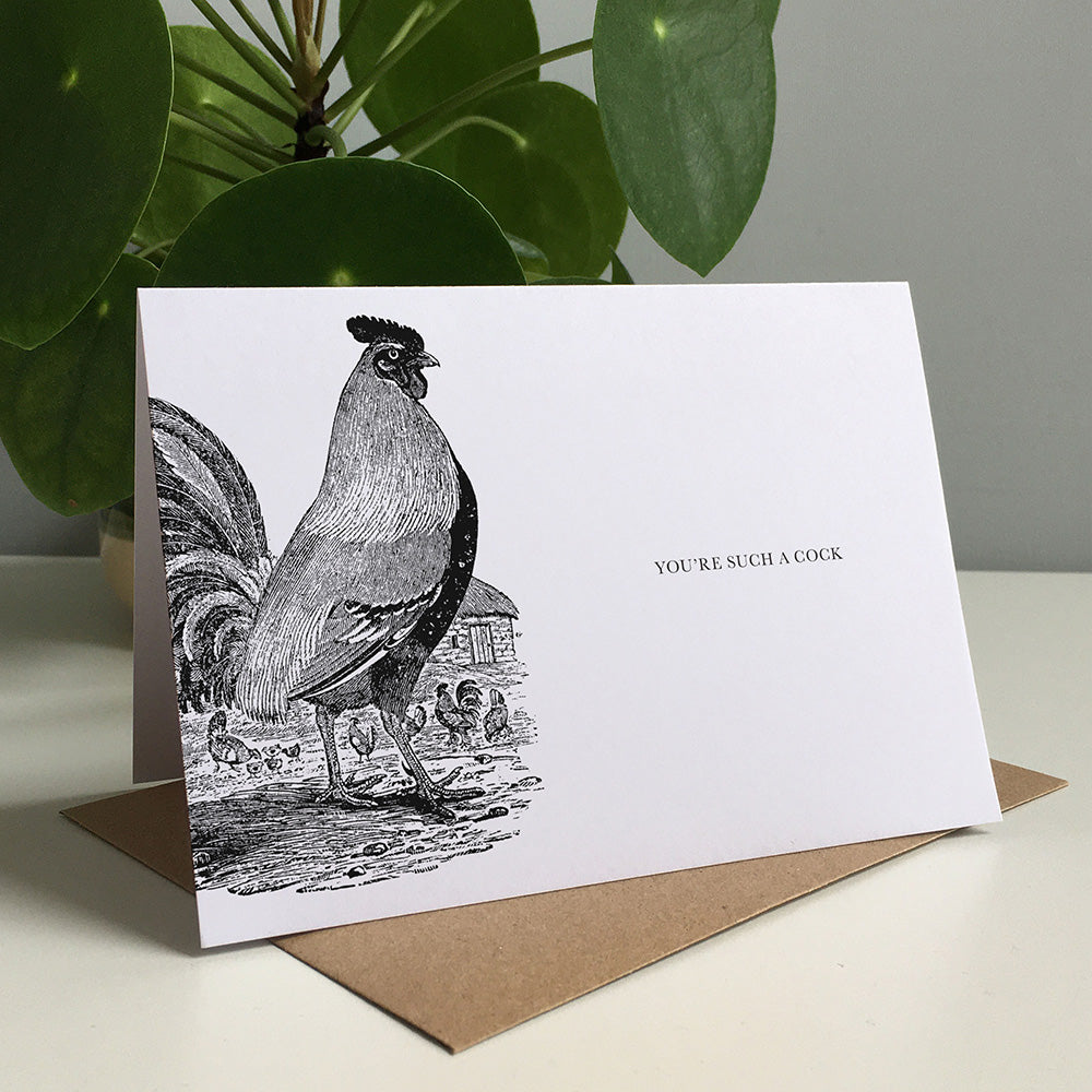 Cockerel Animal Woodblock Greeting Card by Dig The Earth