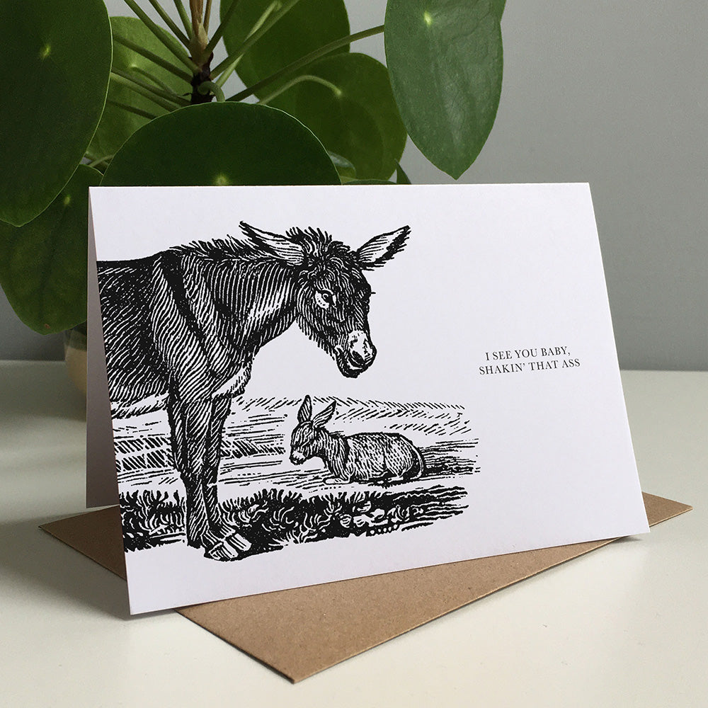 Donkey Animal Woodblock Greeting Card by Dig The Earth