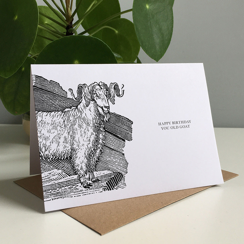 Goat Animal Woodblock Greeting Card by Dig The Earth