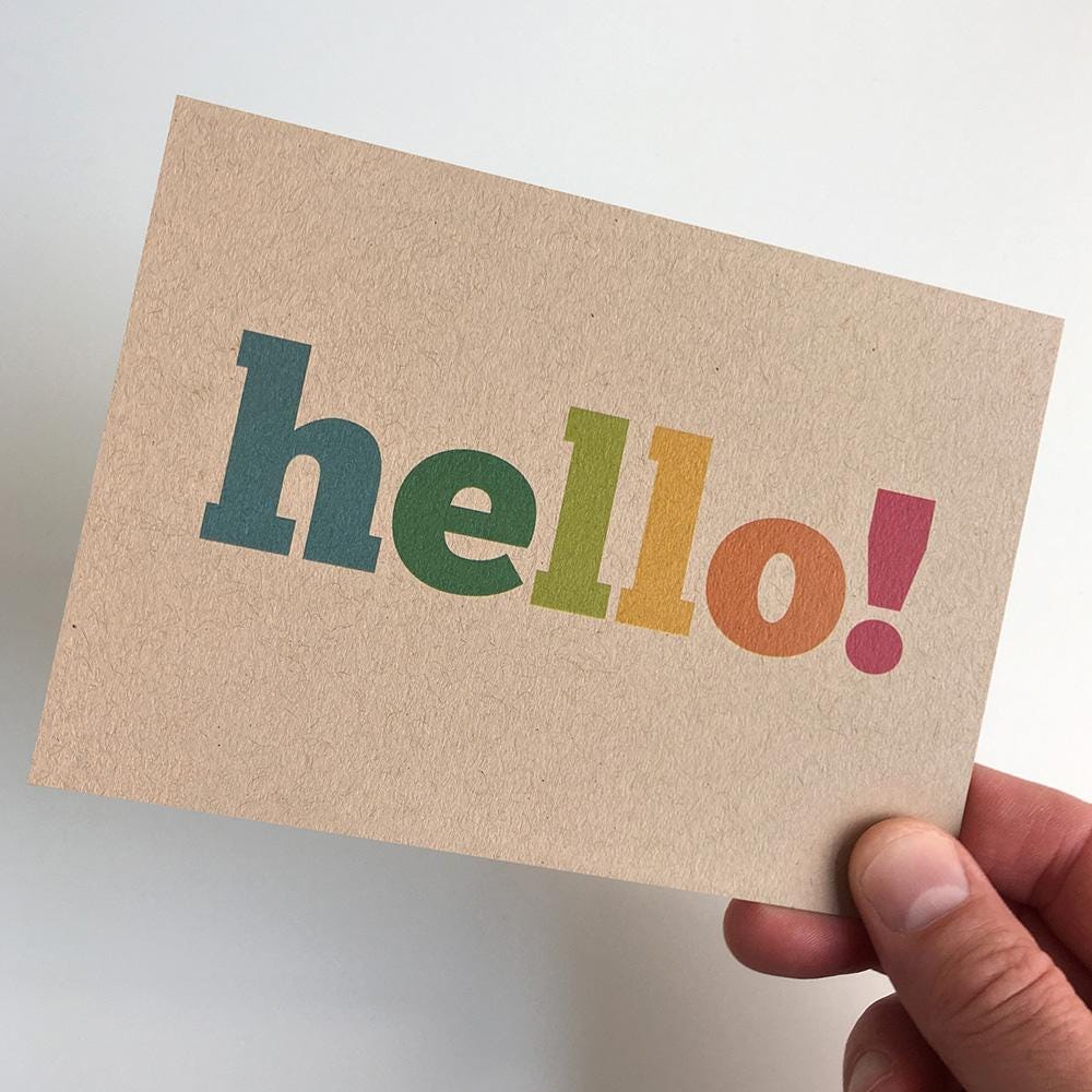 Hello x 12 Colourful Postcard Note Cards