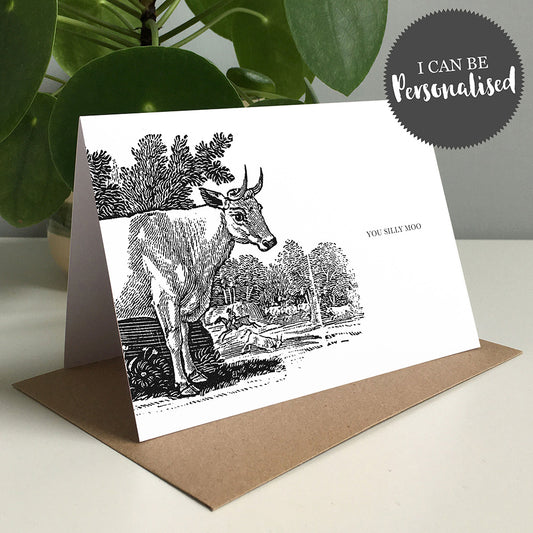Cow Animal Woodblock Greeting Card by Dig The Earth